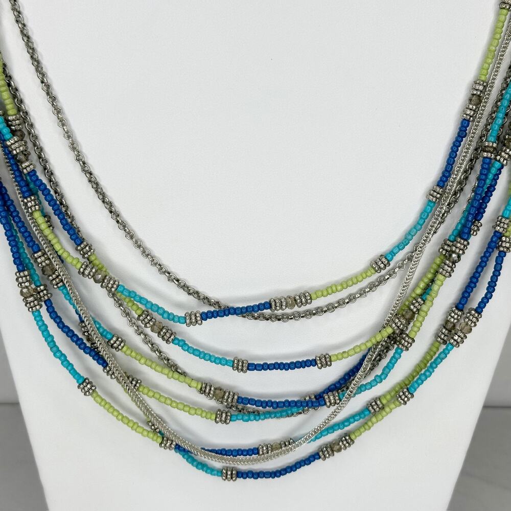 Chico's Multi Strand Seed Bead Necklace Blue Green Silver Tone Long ✨ - Picture 3 of 9